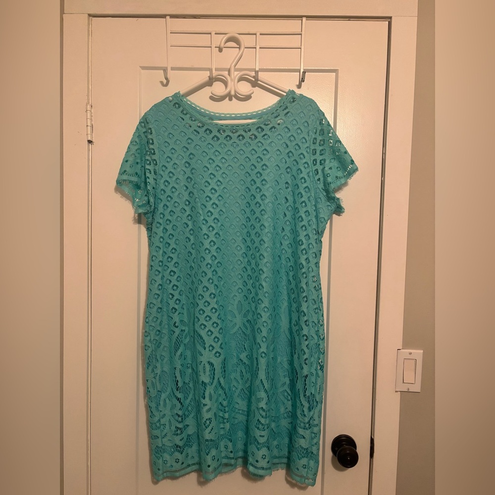 Isaac Mizrahi Turquoise Lace Mini Dress - Picture 1 of 4